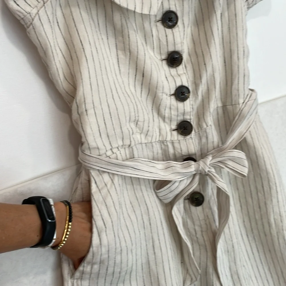Mango 100% Linen Sleeveless Striped Button Front Wide Leg Jumpsuit Size Large